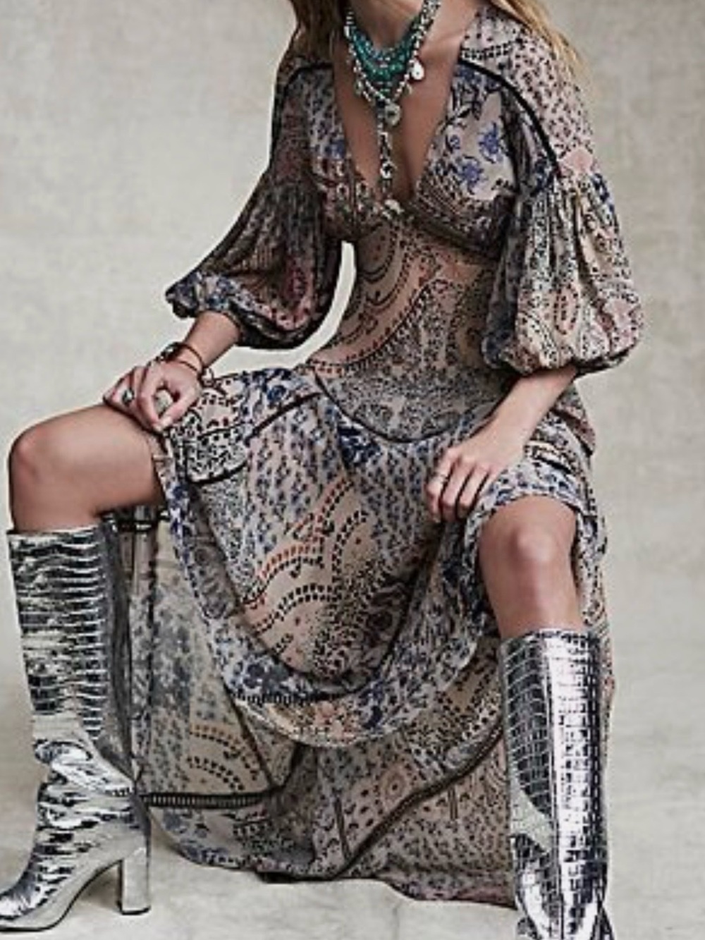 FREE PEOPLE “Moroccan Dreams” Boho Maxi Dress ~ SZ 8 ~ beige/blue/multi ~ NWT! - Picture 5 of 17